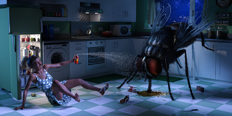 Digital image depicting a terrified woman spraying a giant fly with bug spray. The fly has knocked over a bottle of soda, and is busy drinking from the puddle. The woman wears a horrified expression, and is simultaneously spraying the giant fly with insecticide, while scrambling backwards to get away. The spray appears to be ineffectual. The scene takes place at night, in a moonlit kitchen.